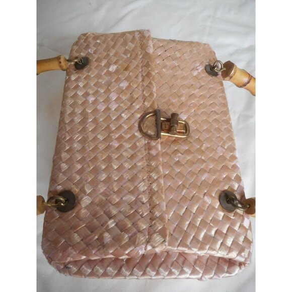 Vintage light pink Bamboo Handled Woven Lined Handbag Purse Estate Find - Picture 4 of 13